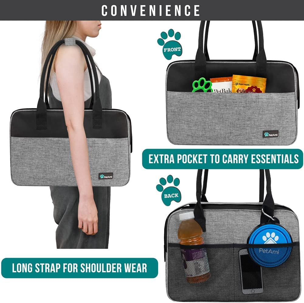 Soft-Sided Airline Approved Dog Purse Carrier for Small Dogs, Ventilated Pet Travel Bag with Pockets, Includes Sherpa Bed, Maximum Weight 12 lbs, Gray