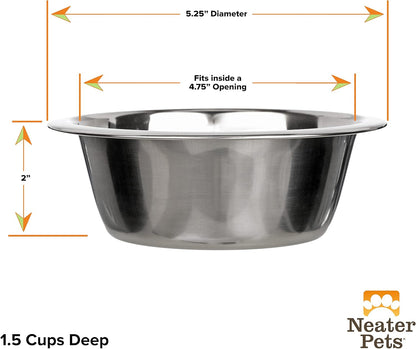 Set of 2 Stainless Steel Dog Bowls (1.5 Cup / 12 Oz.) - Neater Feeder Replacement Bowls for Cats and Small Dogs, Dishwasher Safe Metal Dishes for Food and Water