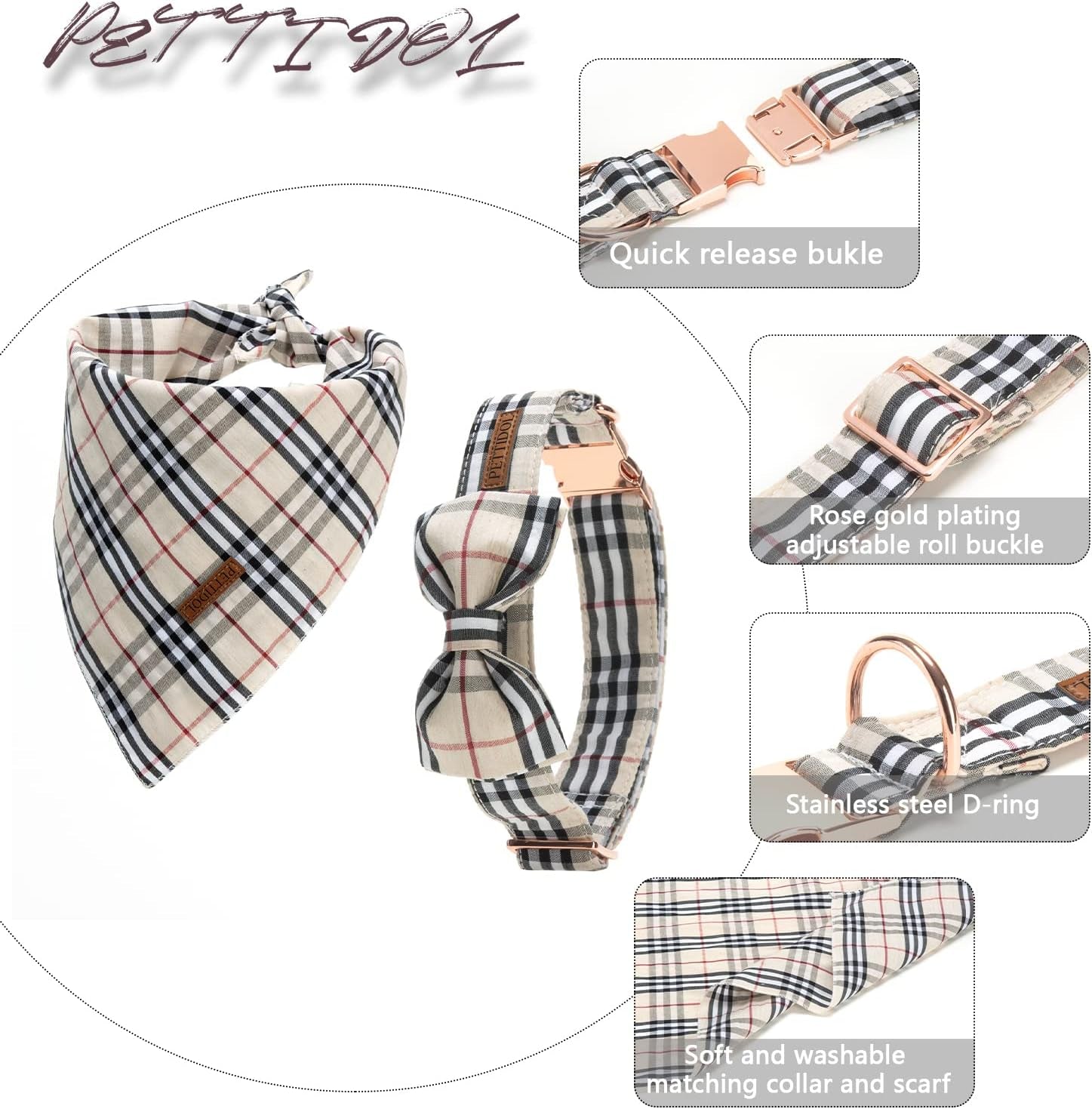 Floral Dog Collar Set with Bow Tie and Bandanas, Adjustable Quick Release Buckle for Comfort and Style