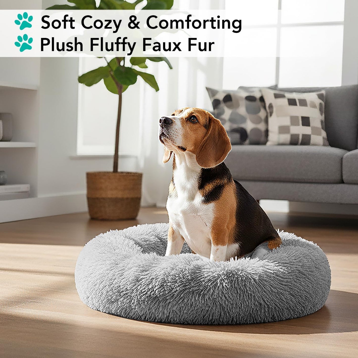 Calming Round Donut Bed for Small and Medium Dogs and Cats, 30-Inch Washable Faux Fur Anti-Anxiety Cuddler with Non-Slip Base - Light Gray