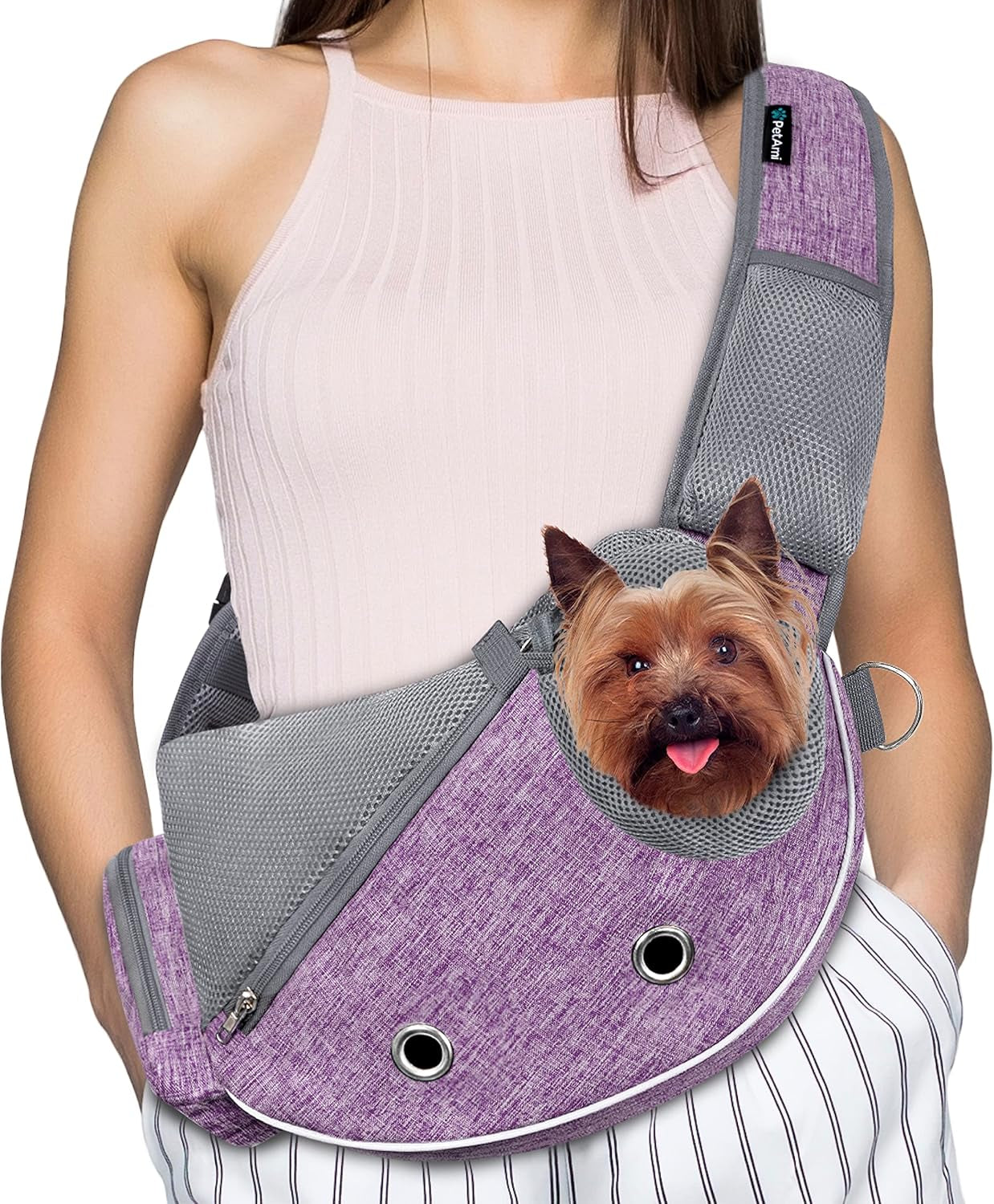 Small Dog Sling Carrier - Adjustable Crossbody Pet Purse for Traveling with Puppies and Medium Cats, Includes Poop Bag Dispenser, Maximum Weight 10 lbs, Purple
