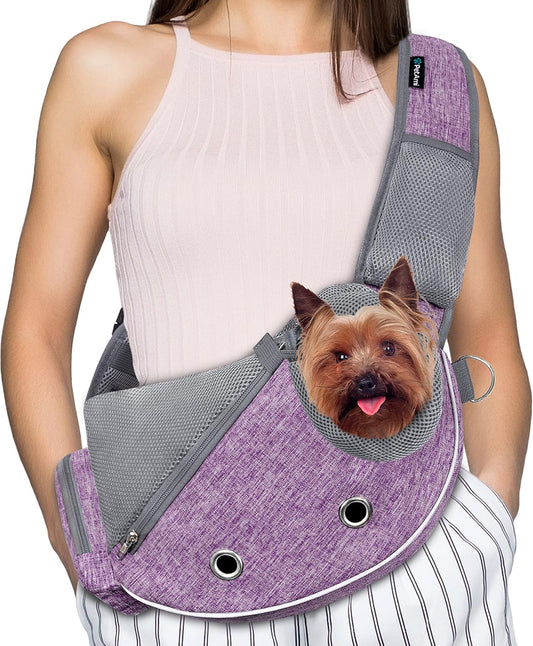 Small Dog Sling Carrier - Adjustable Crossbody Pet Purse for Traveling with Puppies and Medium Cats, Includes Poop Bag Dispenser, Maximum Weight 10 lbs, Purple
