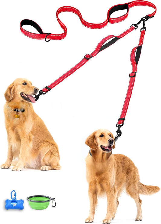 Dual Dog Leash with No-Tangle Design, Reflective Training Lead, Four Padded Handles, Includes Collapsible Bowl and Waste Bags (Red, Large)