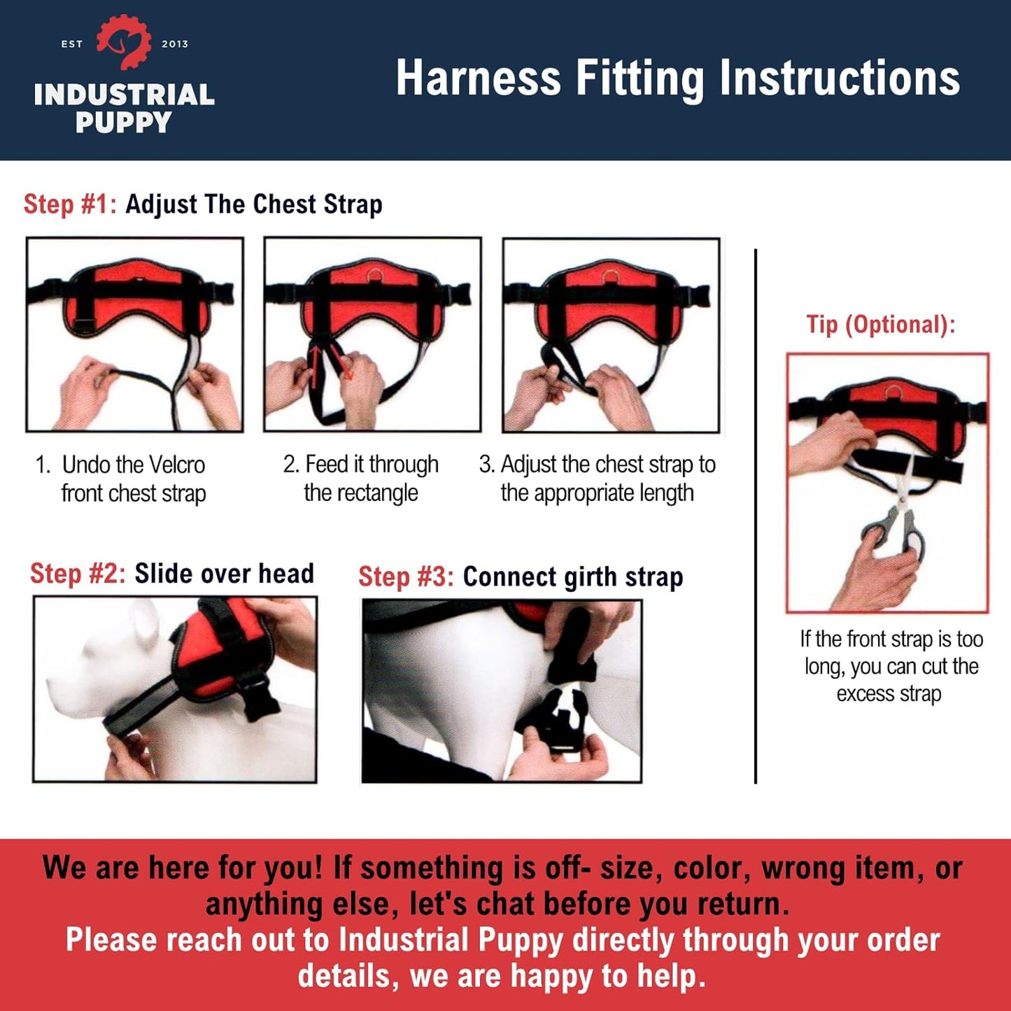 Service Dog Harness with Adjustable Hook and Loop Straps and Handle - Available in 8 Sizes from XXXS to XXL - Features Reflective Patch and Comfortable Mesh Design in Bright Red