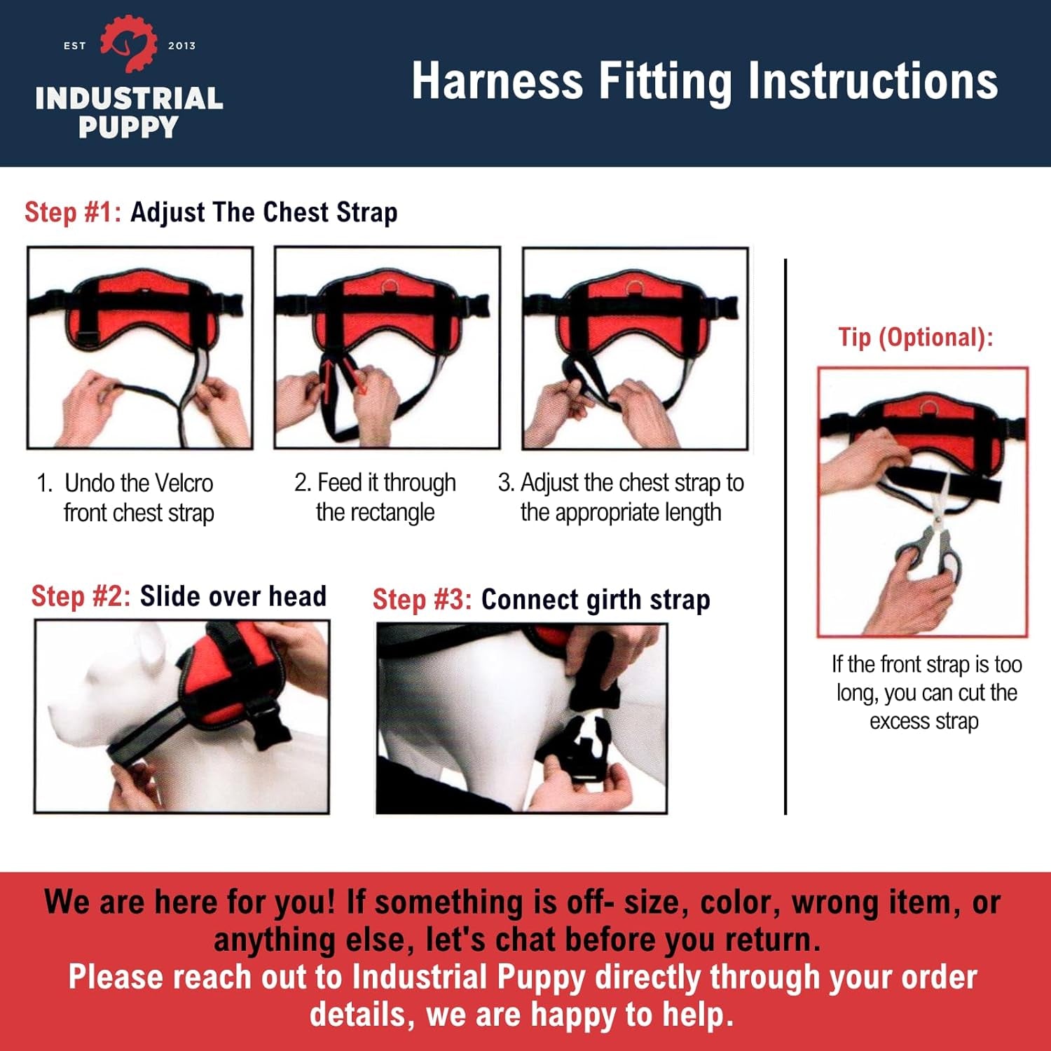 Service Dog Harness with Adjustable Hook and Loop Straps and Handle - Available in 8 Sizes from XXXS to XXL - Features Reflective Patch and Comfortable Mesh Design in Bright Red