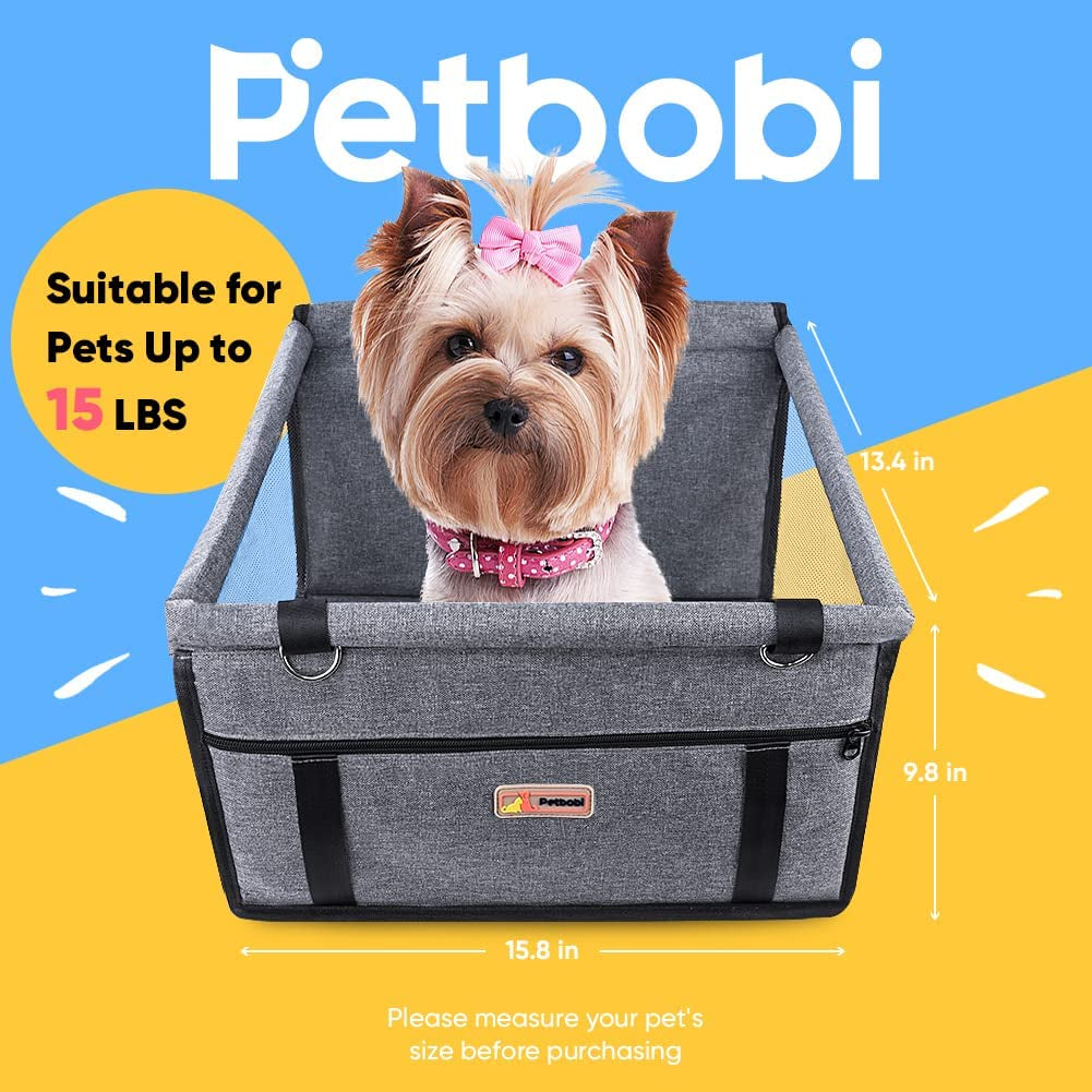 Pet Reinforced Car Booster Seat for Dogs - Portable and Breathable Safety Seat with Seat Belt and Clip-on Leash (Cationic Fabric Grey)