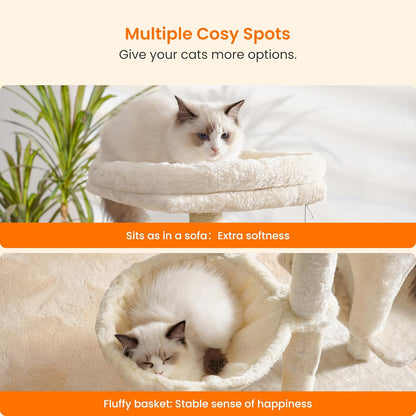 Cat Tree with Self-Grooming Brush, Plush Perch Tower Condo for Indoor Cats, Includes Scratching Post and Basket, Beige HCT005SM