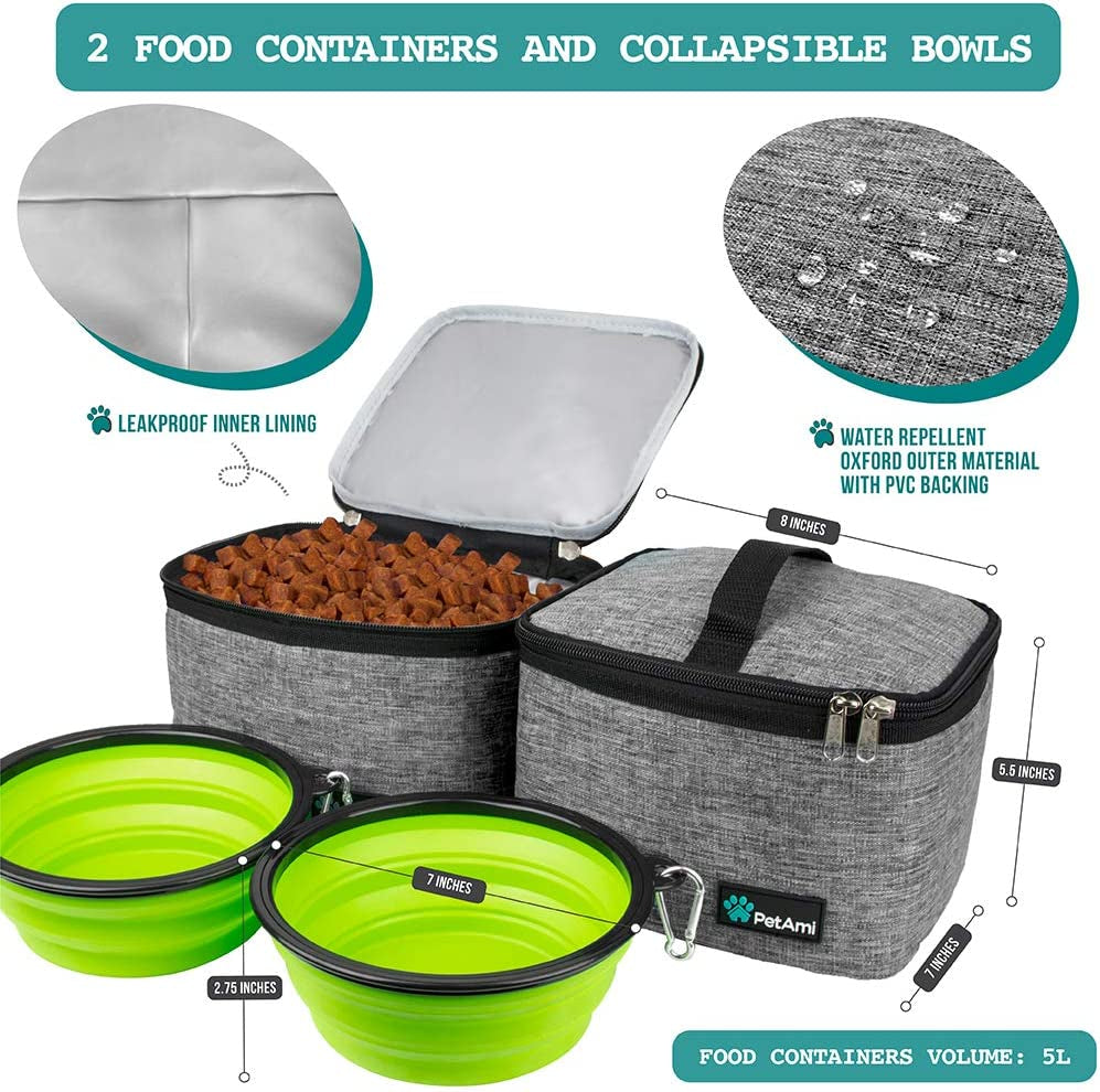 Dog Travel Organizer - Premium Pet Travel Bag with Food Container and Bowls, Ideal for Weekend Camping and Cat Diaper Storage (Grey, Large)