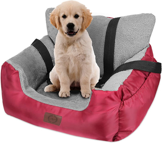 Premium Dog Car Seat for Small Breeds - Cozy, Washable Bed with Storage Pocket and Safety Leash - Portable Travel Booster Carrier