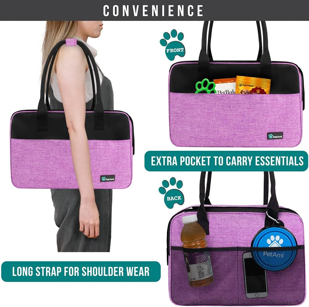 Premium Airline-Approved Soft-Sided Dog Purse Carrier for Small Pets up to 12 lbs - Ventilated Design with Pockets and Sherpa Bed, Purple
