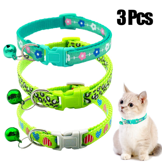Adjustable 3-Piece Nylon Cat Collar Set with Bell for Kittens and Puppies - Green