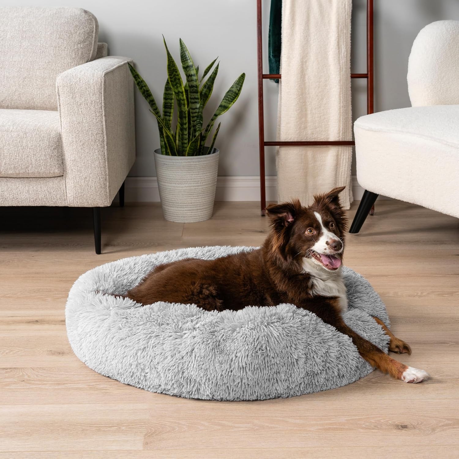 Calming Round Donut Bed for Small and Medium Dogs and Cats, 30-Inch Washable Faux Fur Anti-Anxiety Cuddler with Non-Slip Base - Light Gray