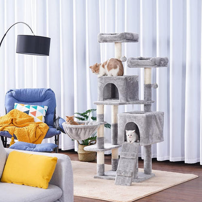 58-Inch Multi-Level Cat Tree with Sisal Scratching Posts, Two Plush Condos, and Hammock for Cats and Kittens - Light Gray MPJ013W
