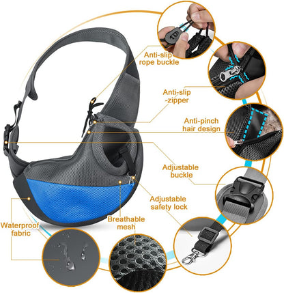 Adjustable Dog and Cat Sling Carrier with Padded Shoulder Strap and Mesh Pocket for Outdoor Travel (Medium - up to 10 lbs, Blue-Mesh)