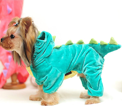 Dinosaur Plush Hoodie for Pets - Warm Fleece Jacket for Small to Medium Dogs and Cats - Halloween Cosplay Apparel (Medium, Green)