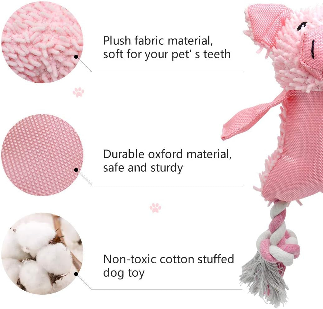 Durable Plush Squeaky Pig Dog Toy with Rope Legs and Triple Squeakers for Small and Medium Breeds