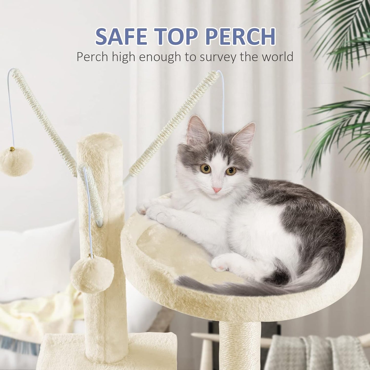 Cat Tree for Indoor Cats, 65.5 Inches Cat Tower with Sisal-Covered Scratching Posts, Top Perch, Ladder and Hammock, Cat Trees and Condos Furniture for Kittens Pet House Play, Beige