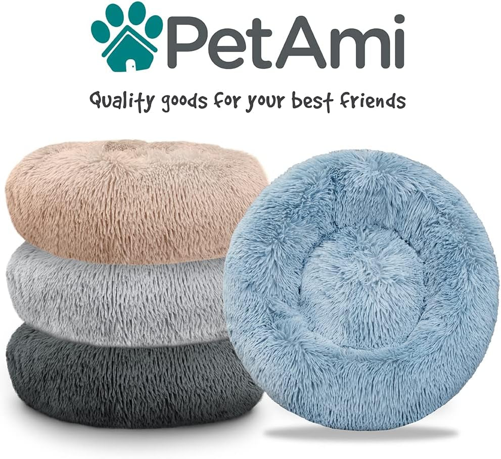 Calming Round Donut Bed for Small and Medium Dogs and Cats, 30-Inch Washable Faux Fur Anti-Anxiety Cuddler with Non-Slip Base - Light Gray
