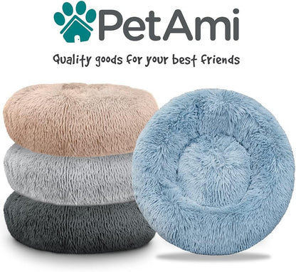 Calming Round Donut Bed for Small and Medium Dogs and Cats, 30-Inch Washable Faux Fur Anti-Anxiety Cuddler with Non-Slip Base - Light Gray