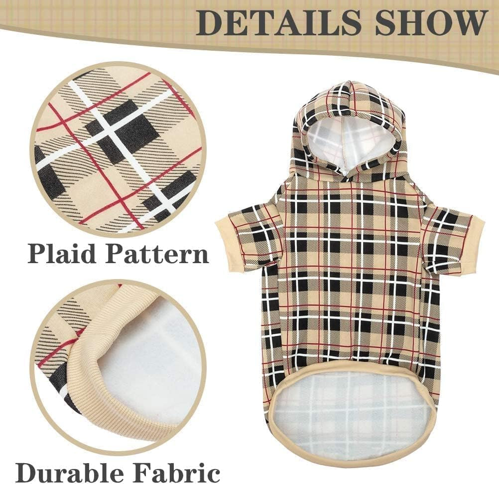 British Style Plaid Dog Hoodie - Warm Sweater with Leash Hole for All Breeds, Winter Coat Apparel for Puppies and Cats, Beige Medium