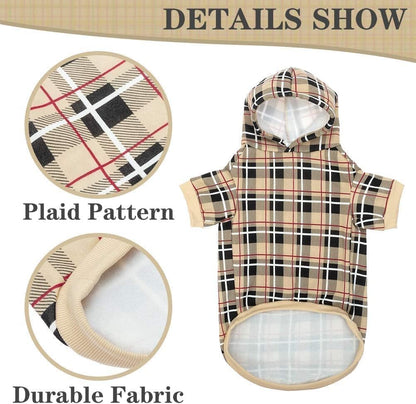British Style Plaid Dog Hoodie - Warm Sweater with Leash Hole for All Breeds, Winter Coat Apparel for Puppies and Cats, Beige Medium