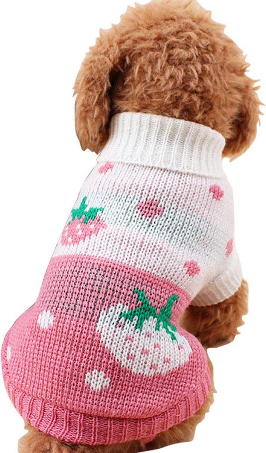Classic Knit Turtleneck Dog Sweater for Winter - Pink Medium with Strawberry and Heart Design