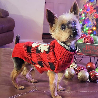 Cozy Red Buffalo Plaid Dog Christmas Sweater with Reindeer Pattern - Turtleneck Knitwear for Small Dogs with Leash Hole