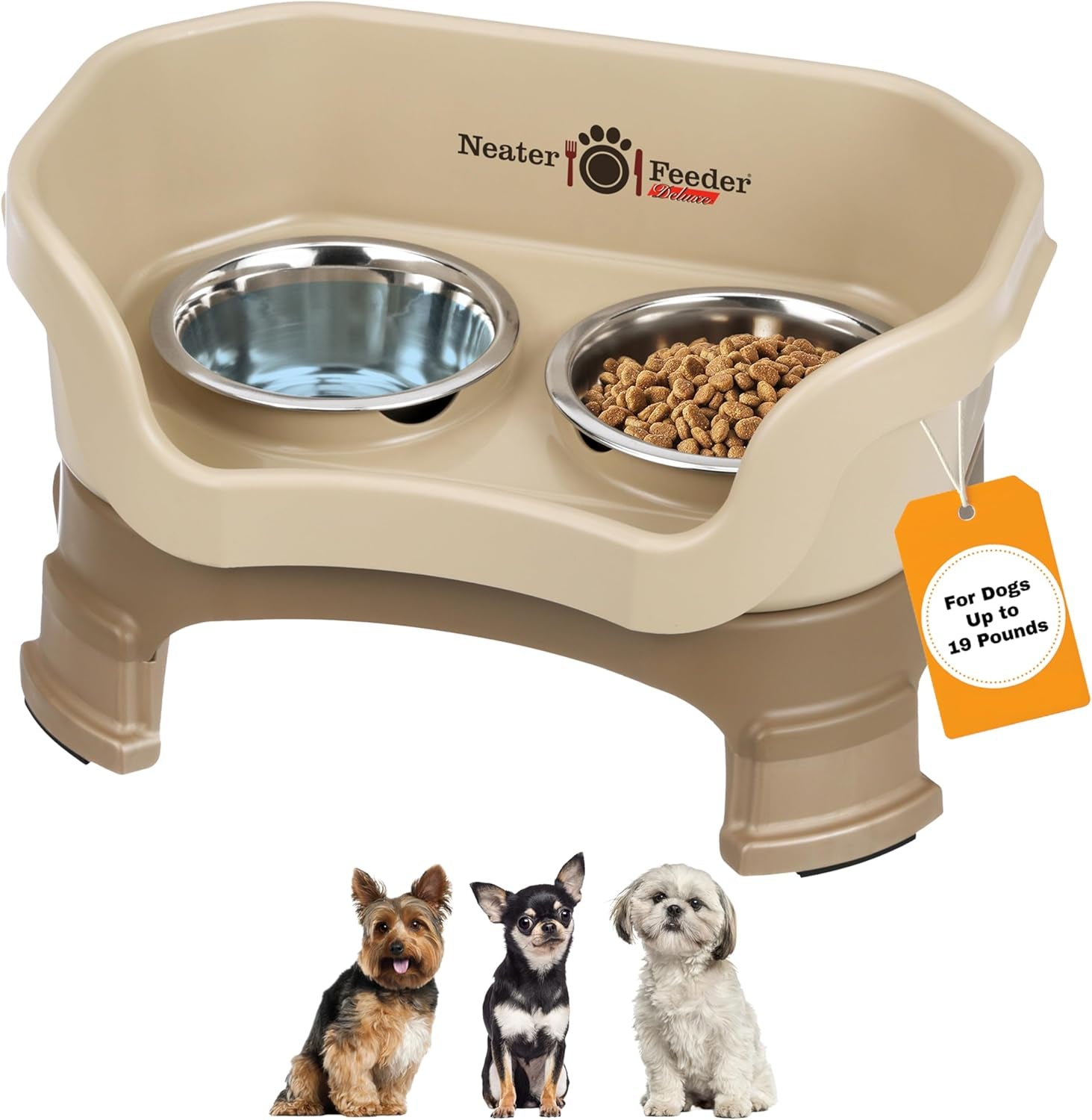 Neater Feeder Deluxe Mess-Proof Elevated Dog Bowls for Small Dogs (Up to 19 Lbs), 2 Height Adjustable (6” & 7.5”) No-Spill Raised Dog Bowl Stand, Stainless Steel Food Bowl Set, Made in USA, Cappuccino