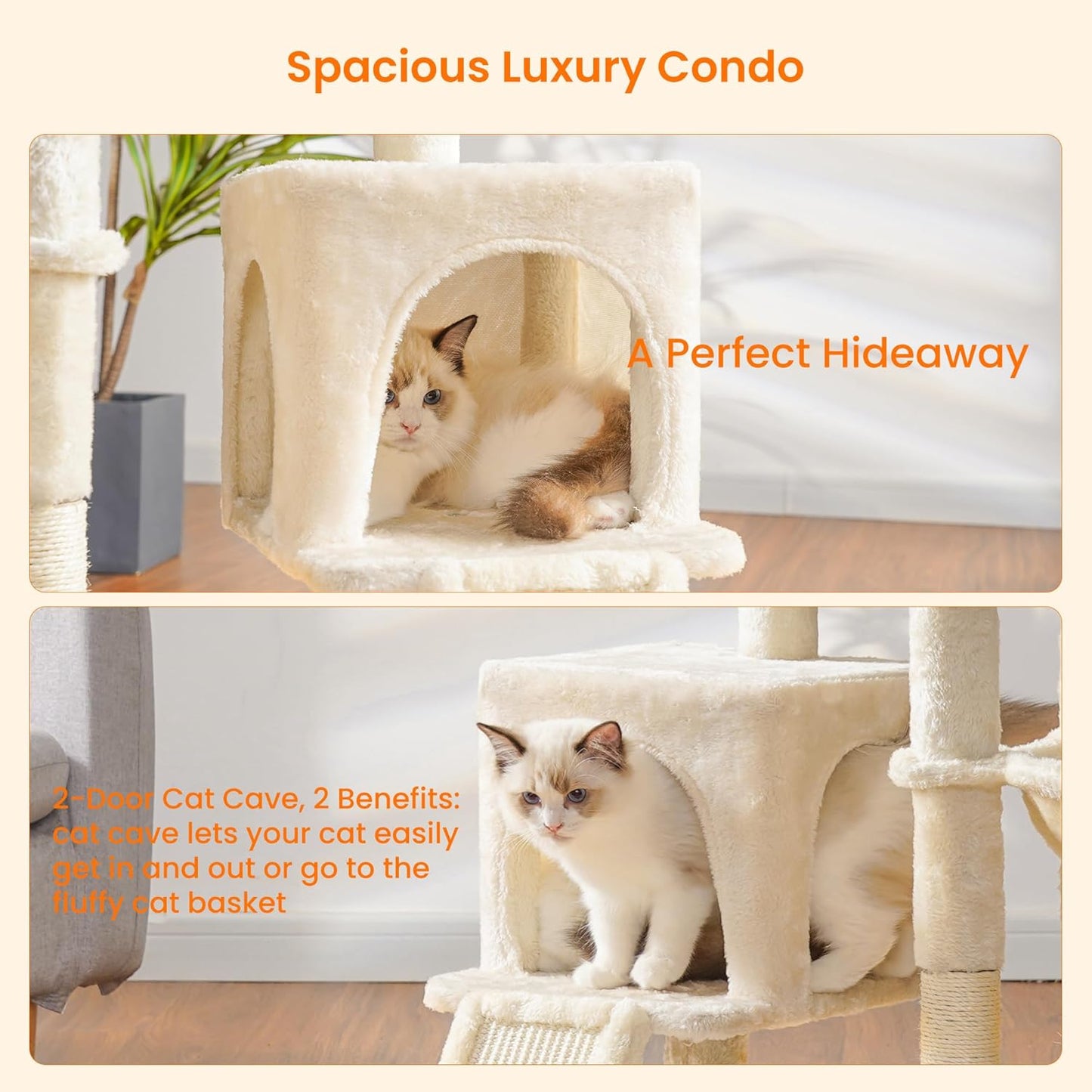 Cat Tree with Self-Grooming Brush, Plush Perch Tower Condo for Indoor Cats, Includes Scratching Post and Basket, Beige HCT005SM