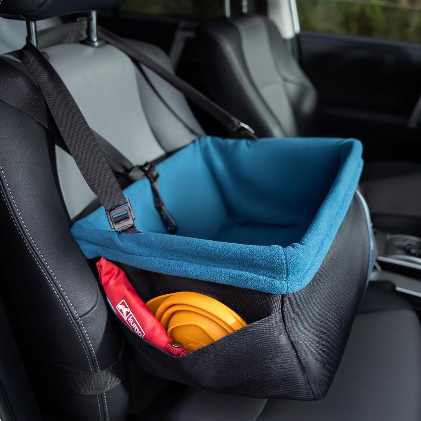 Dog Booster Seat for Secure and Comfortable Travel - Waterproof Exterior, Removable Washable Liner, Harness Strap, Collapsible Design - Rover Style in Black/Blue