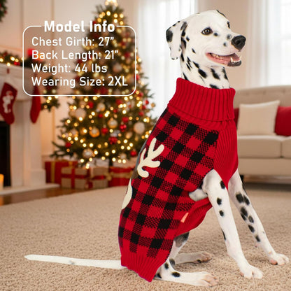 Cozy Red Buffalo Plaid Dog Christmas Sweater with Reindeer Pattern - Turtleneck Knitwear for Small Dogs with Leash Hole