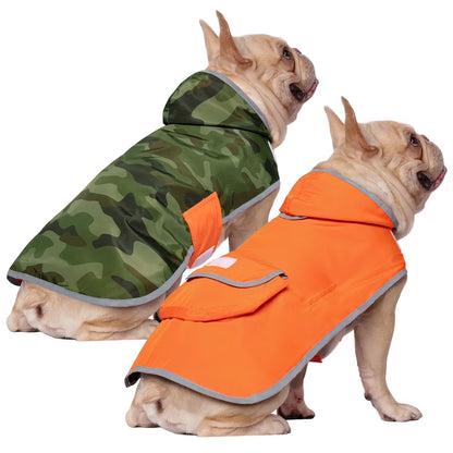Reversible Hooded Dog Raincoat Poncho Jacket for Small to Large Dogs - Camo/Orange, Medium Size