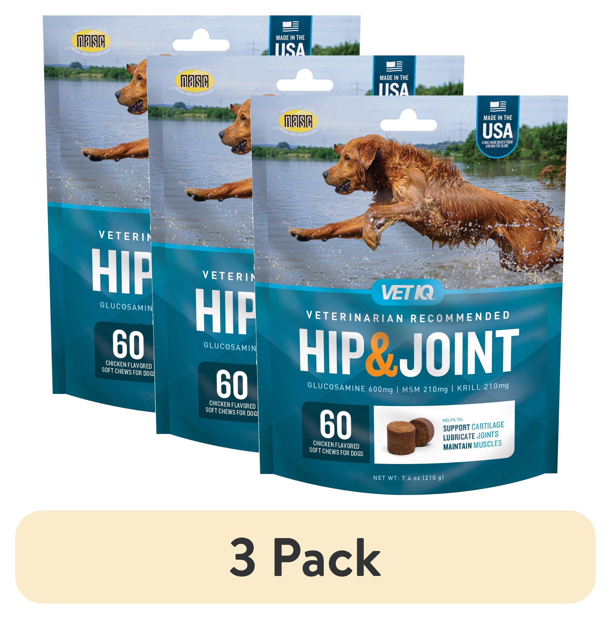 Vetiq Hip & Joint Supplement for Dogs - Chicken Flavored Soft Chews, 7.4 Oz, 60 Count (3 Pack)