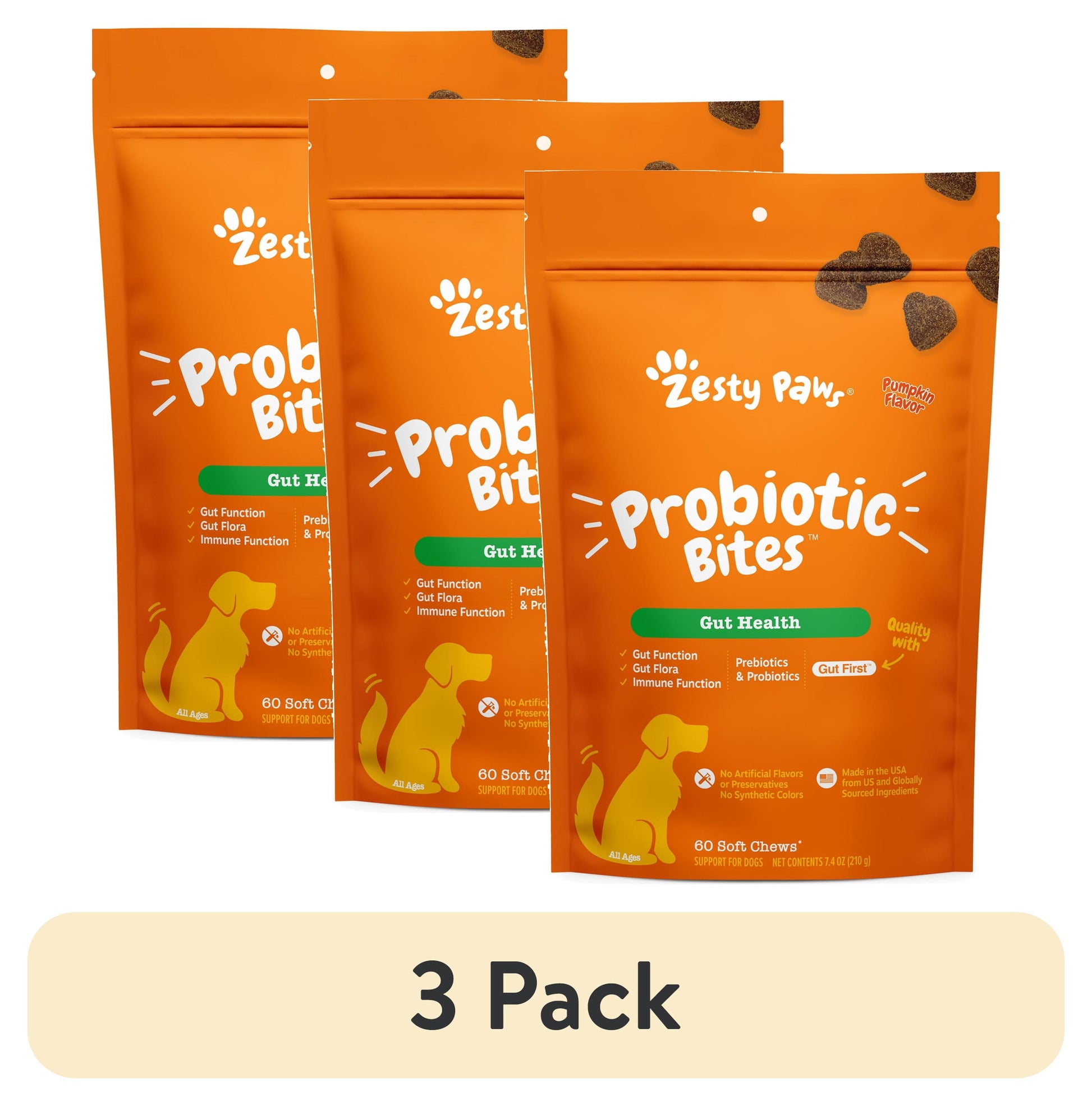 Probiotic Bites Dog Supplement - Pumpkin Flavor, 3 Pack, 60 Count