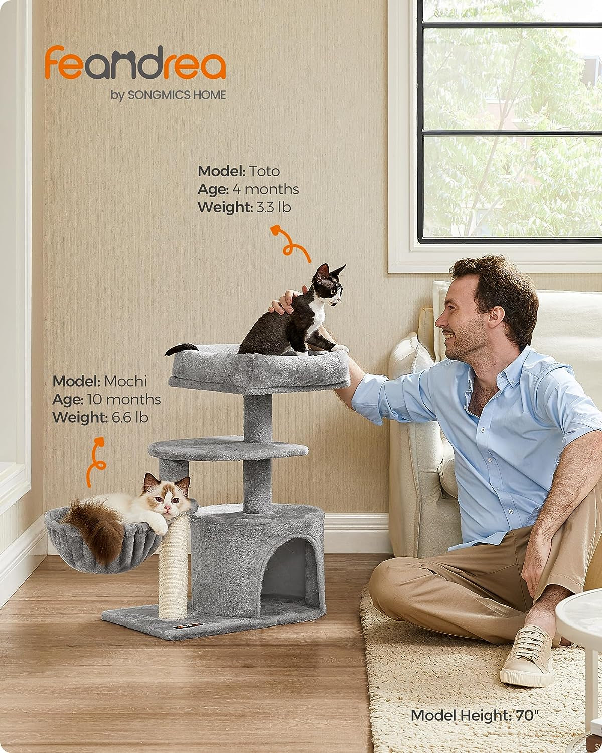 Light Gray Cat Tree and Activity Center with Scratching Post, Basket, and Cave for Small Cats and Kittens - Model UPCT59W