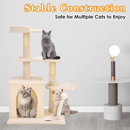 Cat Tree Tower,  Cat Condo Tree Climbing Frame Furniture with Scratching Post Cat House for Outdoor Indoor Cat Tower Cat Activity Centre for Sleeping and Playing (33.5" Beige)