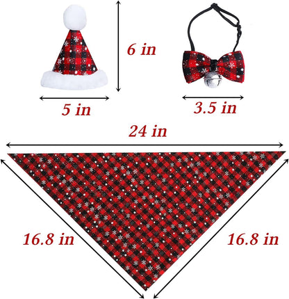 Christmas Snowflake Dog Bandana Costume Set with Plaid Scarf, Bow Tie, and Bell Decoration for Pets