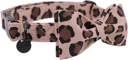 Cotton Dog Collar with Bowtei, Leopard Bowtie Dog Collars, Adjustable Heavy Duty Girl Dog Collar with Bow for Small Puppy Dogs