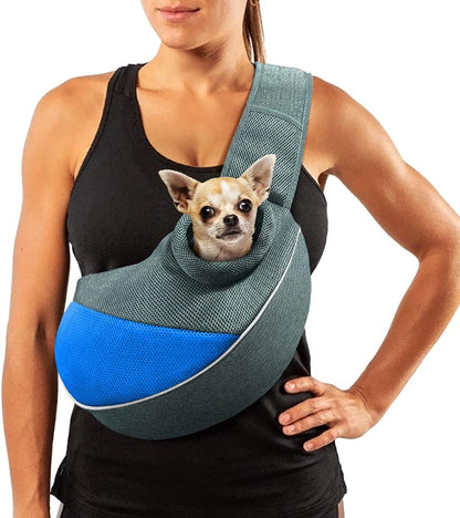 Adjustable Dog and Cat Sling Carrier with Padded Shoulder Strap and Mesh Pocket for Outdoor Travel (Medium - up to 10 lbs, Blue-Mesh)