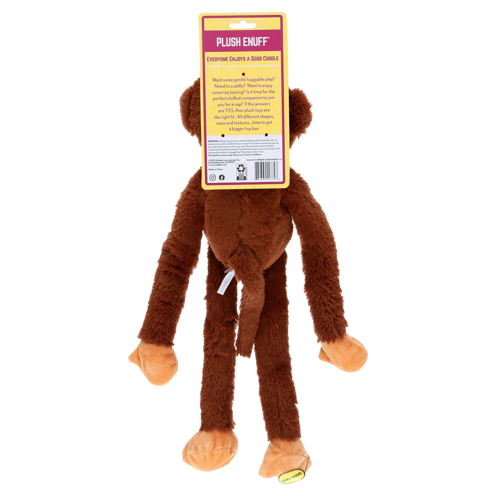 Swingin' Safari Plush Monkey Dog Toy with Squeakers - 19 Inches