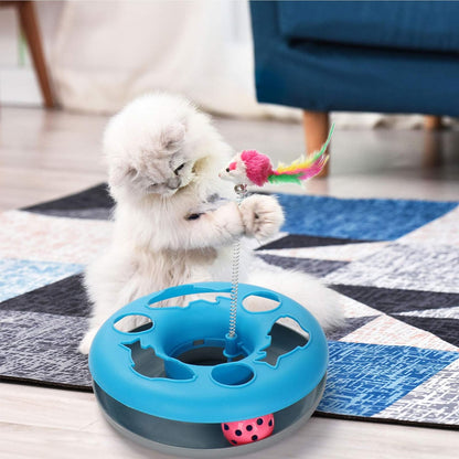 3-in-1 Interactive Cat Toy with Exercise Balls and Teaser Mouse, Includes 5 Removable Spring Replacements - Blue