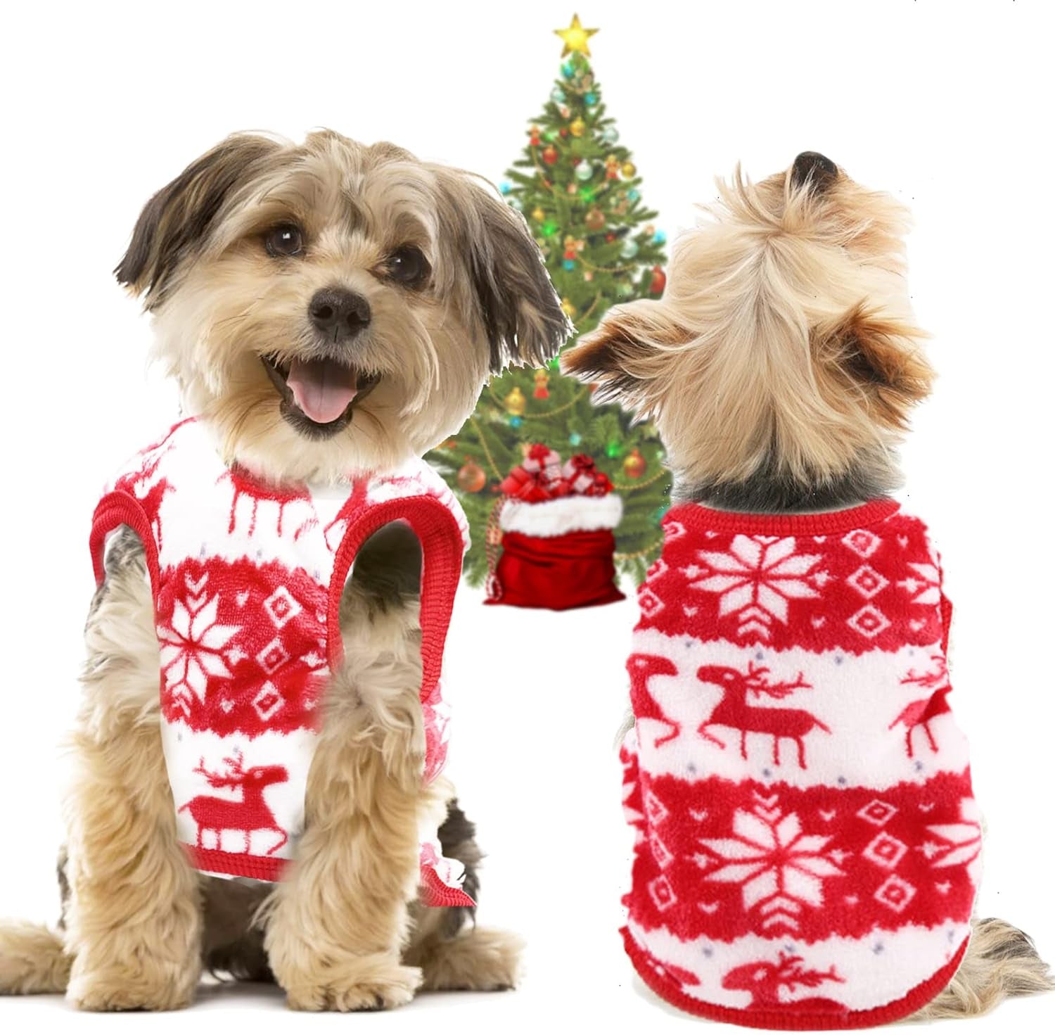 Christmas Sweater Costume for Small Dogs and Cats, Snowflake Elk Design Pet Apparel, Festive Holiday Attire for Puppies and Kittens (X-Small, Red)