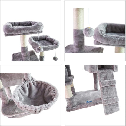 58-Inch Multi-Level Cat Tree with Sisal Scratching Posts, Two Plush Condos, and Hammock for Cats and Kittens - Light Gray MPJ013W