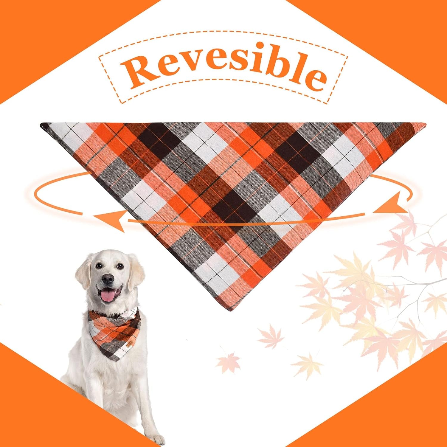 2 Pack Thanksgiving Plaid Dog Bandanas, Fall & Holiday Orange Dog Scarves with Halloween Design, Reversible Pet Bib Accessory for Small and Large Dogs