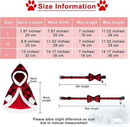 Red and Black Buffalo Plaid Santa Cape Costume for Cats and Dogs with Xmas Hat, Collar with Bell, and Bowtie - Medium Size Pet Outfit for Christmas Parties and Cosplay