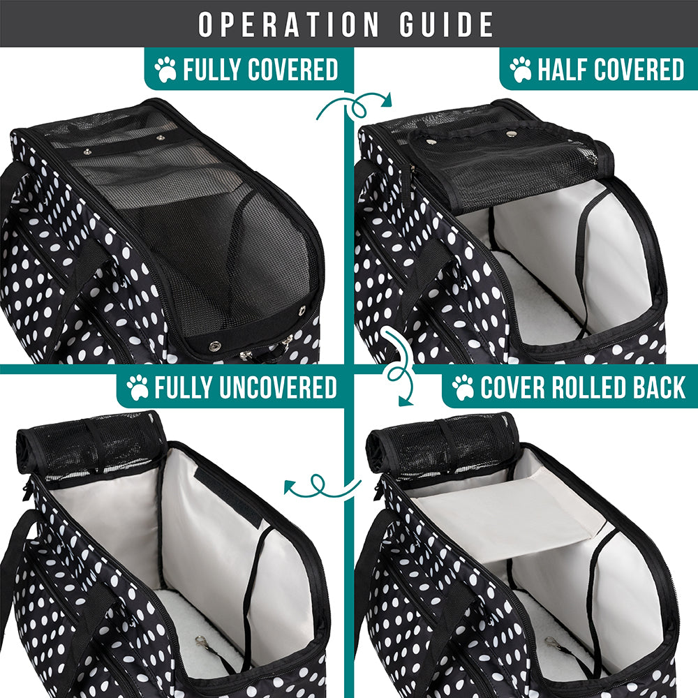 Soft-Sided Pet Carrier Bag for Small Dogs and Cats, Airline Approved with Breathable Mesh and Sherpa Bed, Portable Tote with Pockets, Polka Dot Black