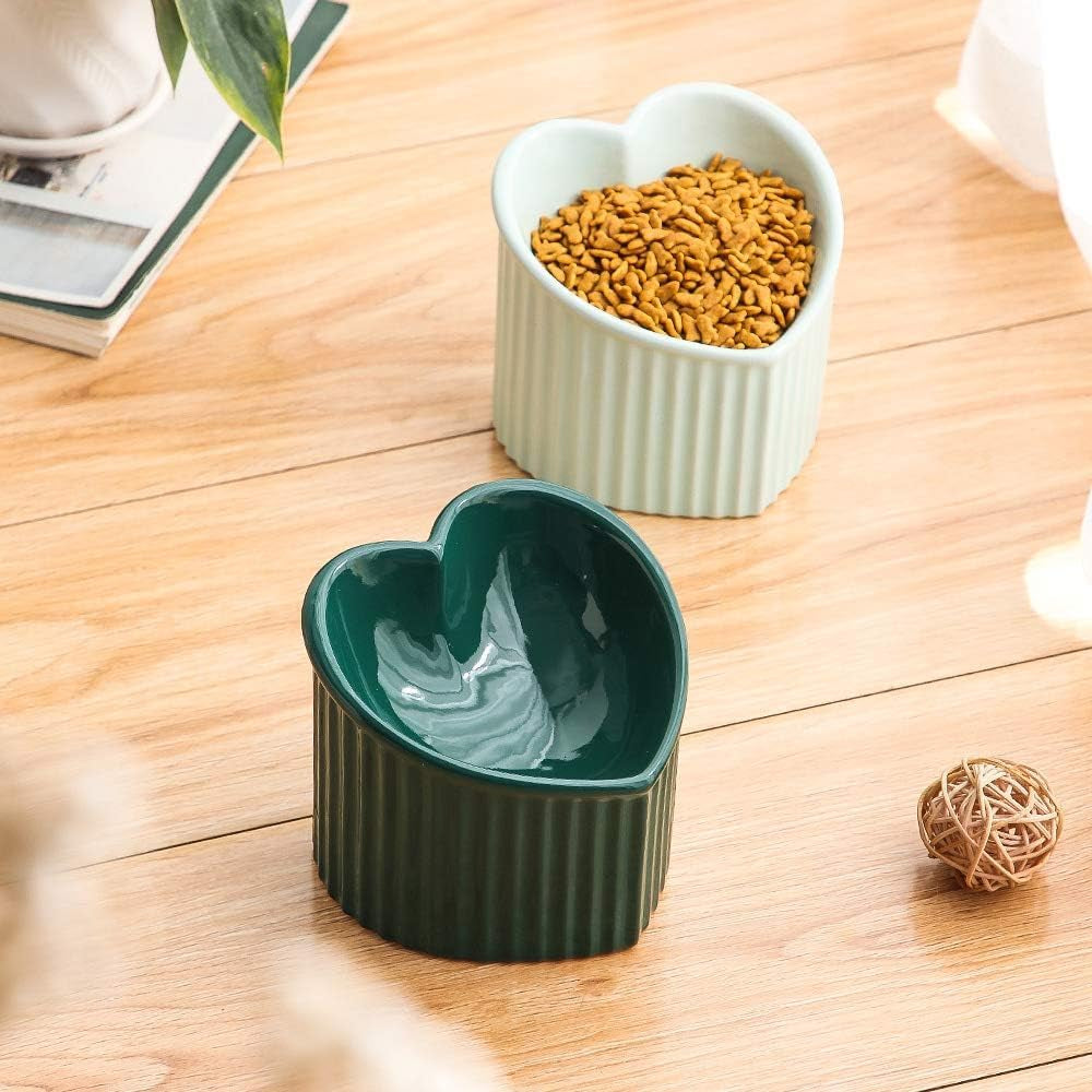 Green Ceramic Raised Cat Bowls, Tilted Elevated Food or Water Bowls, Stress Free, Backflow Prevention, Dishwasher and Microwave Safe, Lead & Cadmium Free
