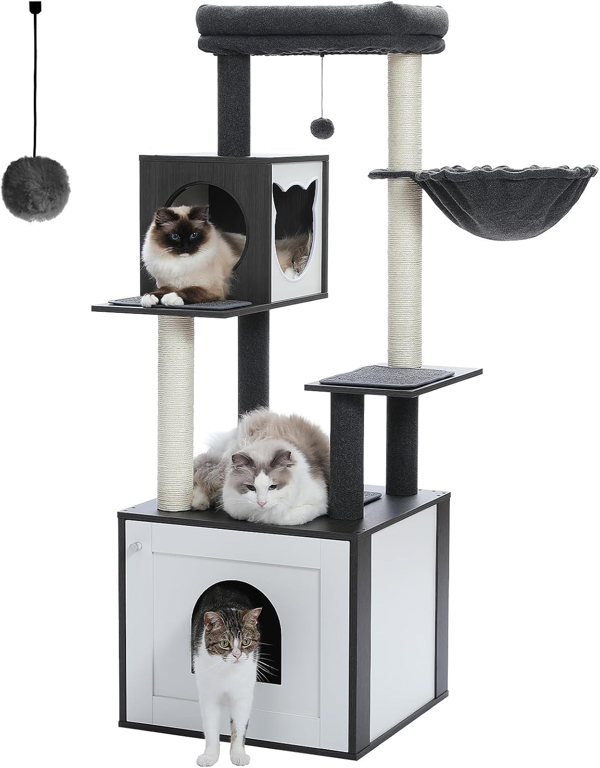 56.7-Inch Cat Tree with Litter Box Enclosure, Large Wooden Cat Tower for Indoor Use Featuring Storage Cabinet, Cozy Condo, Sisal-Covered Scratching Post, and Replaceable Dangling Balls in Black