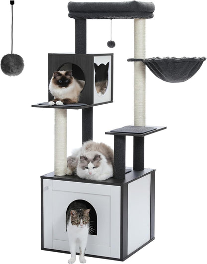 56.7-Inch Cat Tree with Litter Box Enclosure, Large Wooden Cat Tower for Indoor Use Featuring Storage Cabinet, Cozy Condo, Sisal-Covered Scratching Post, and Replaceable Dangling Balls in Black