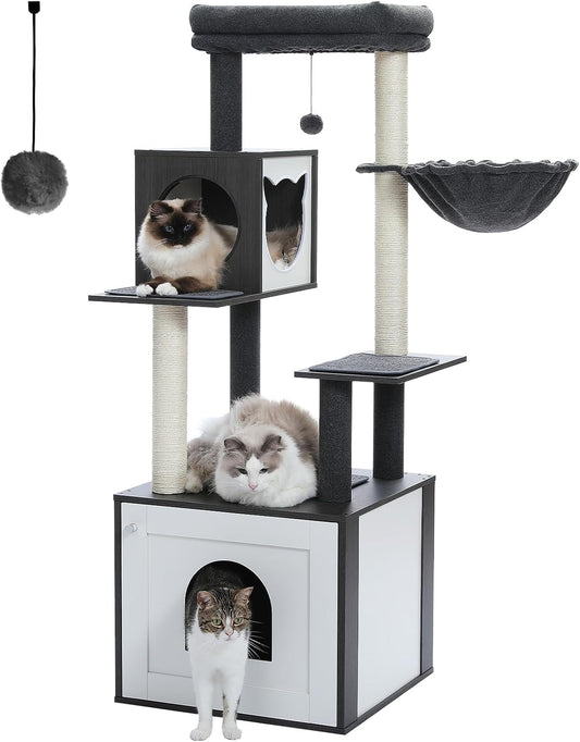 56.7-Inch Cat Tree with Litter Box Enclosure, Large Wooden Cat Tower for Indoor Use Featuring Storage Cabinet, Cozy Condo, Sisal-Covered Scratching Post, and Replaceable Dangling Balls in Black